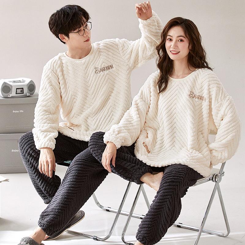 Couples' Cozy Flannel Pajama Set: Women's Plus Velvet, Men's Loose Fit, Warm Coral Fleece Homewear