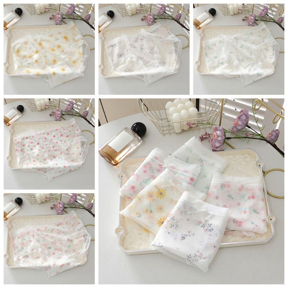 5PCS Mid Waist Transparent Floral Briefs Seamless Underwear for Women Mesh Flower Panties  Gifts