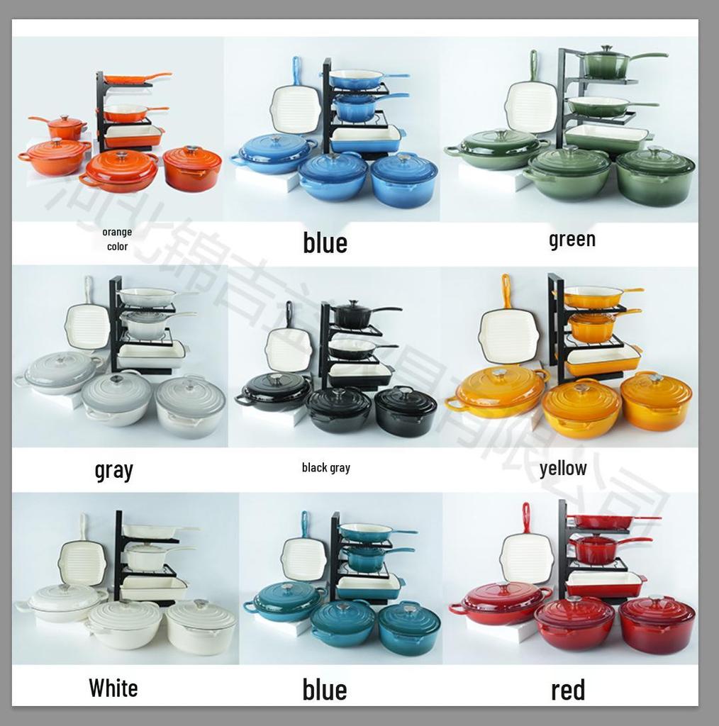 Seven-Piece Cast Iron Enamel Cookware Set: Includes Frying Pan, Flat-Bottom Pot, Stew Pot, Seafood Pot, and Mommy Pot