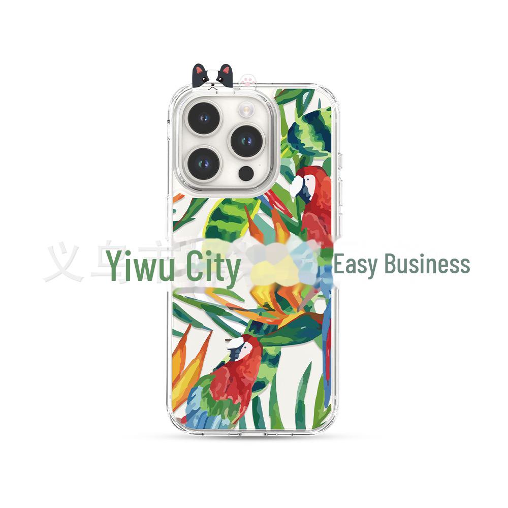 Green Parrot Watercolor Flowers & Birds Phone Case for 15/15pro, Inspired by the Forest's Colorful Ecological Chain.