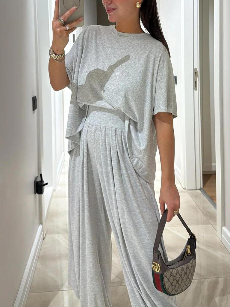 European & American Crew Neck Short Sleeve Top with Loose Comfortable Wide-Leg Pants Set