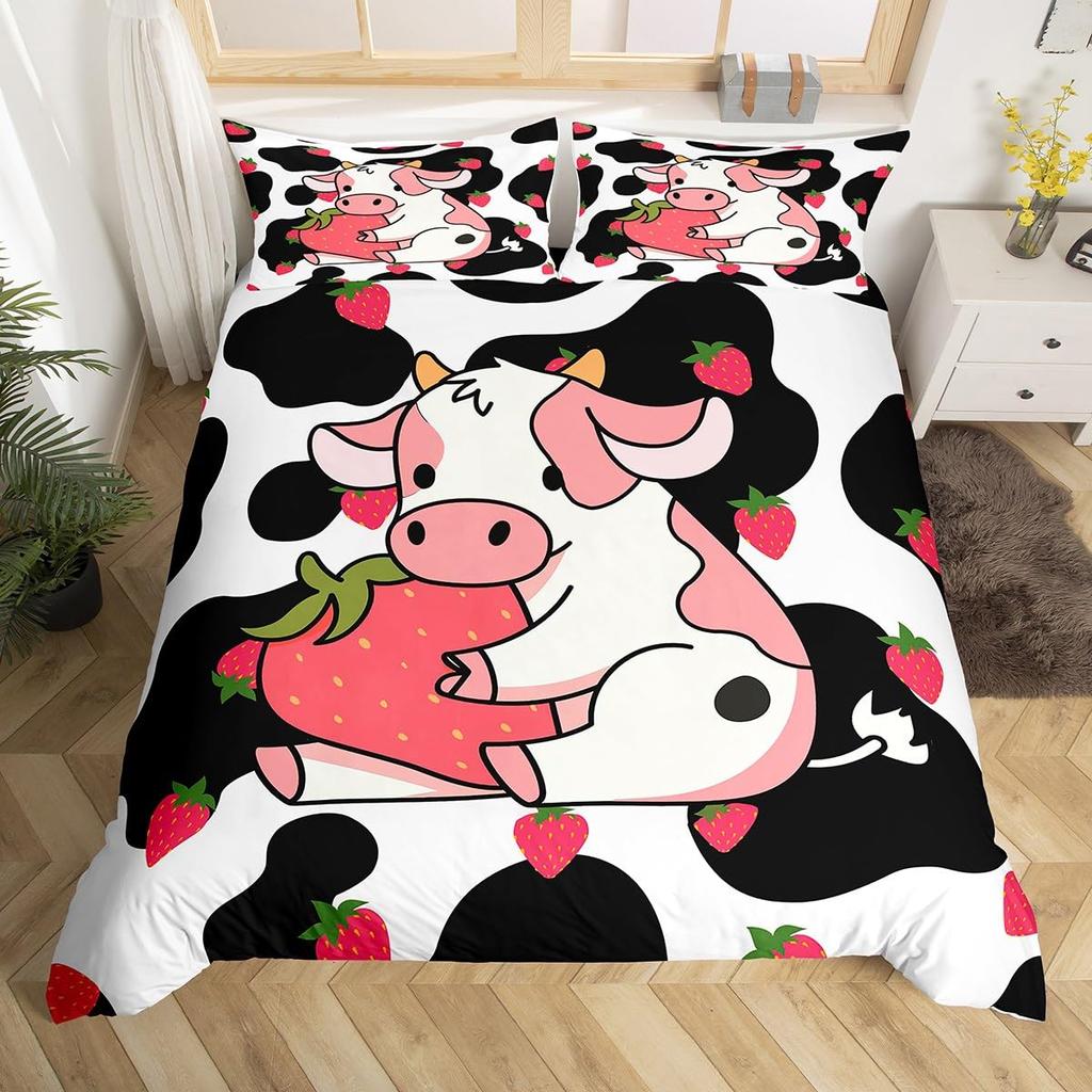 Carton Milk Cow Soft Duvet Cover Ful King Lovely Farm Animal Beding Set Strawbery Flowers Print Warm Comforter Cover Farmhouse Decor