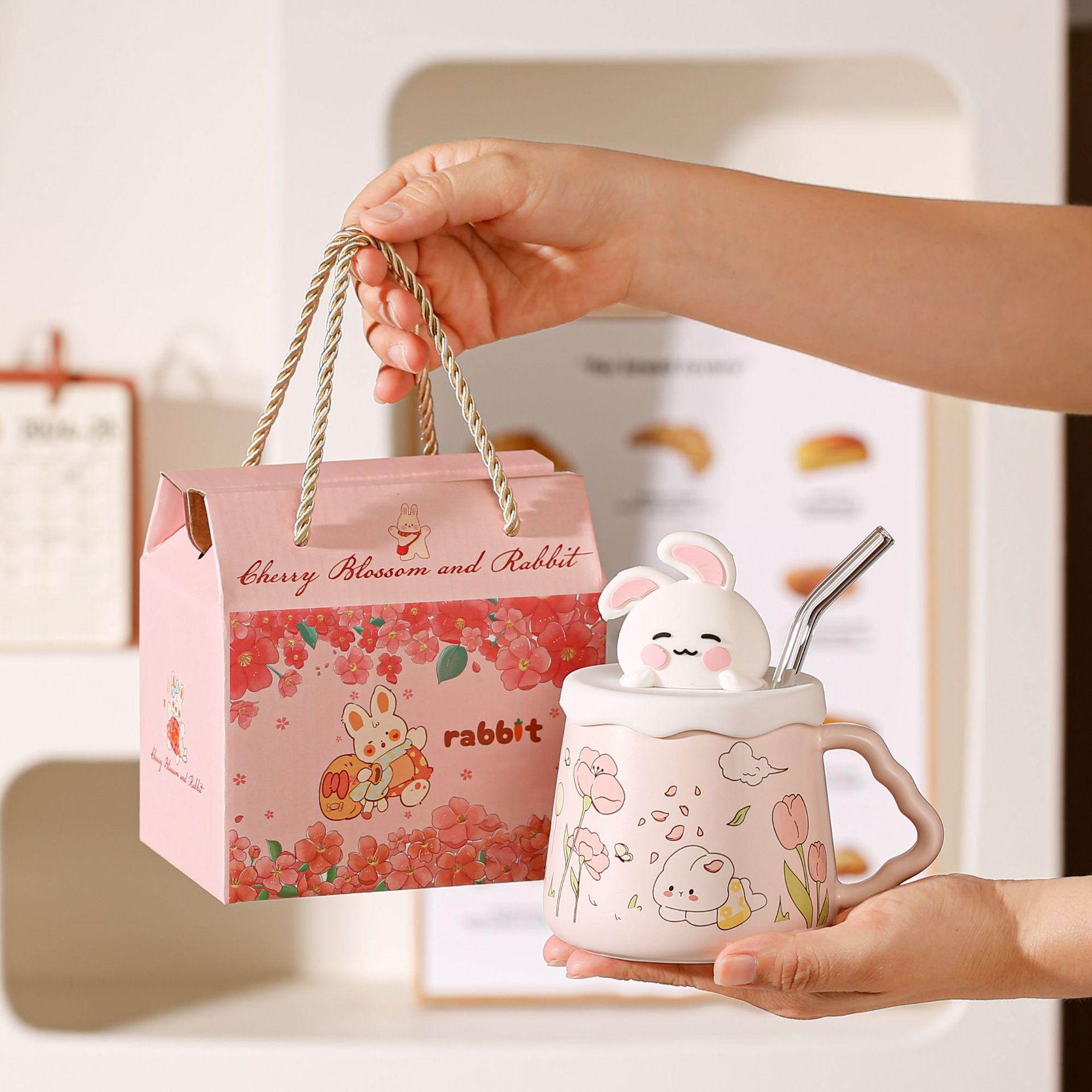 Cute Rabbit Straw Cup Creative Cup with Lid Ceramic Mug Girl Girlfriend Home Gift Water Cup Garden Rabbit Series