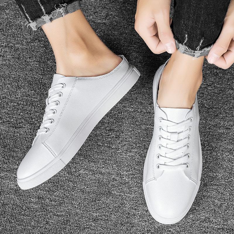 New Summer Mens Casual Leather Shoes Slip on Half Shoes for Man Breathable Flats Personality Man Slippers Handmade Muller Shoes