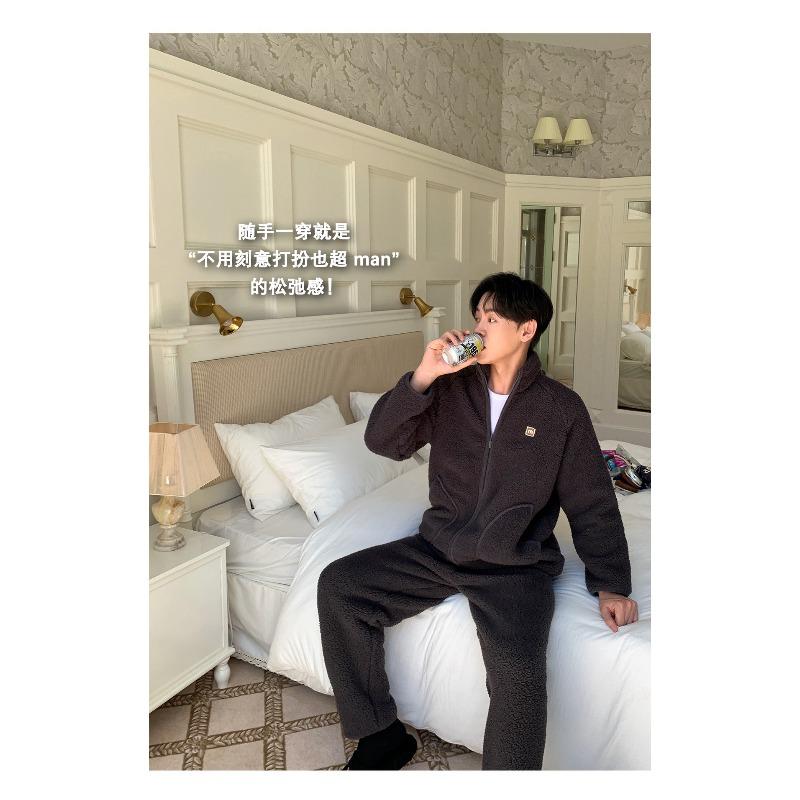 11 Thickened Couple Pajamas Lamb Wool Loungewear Women's Winter Thermal Stand-up Collar Zipper Outer Wear Set