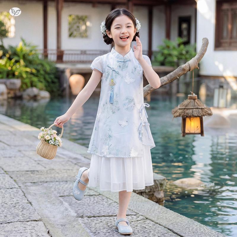 Girls' Summer Cheongsam Hanfu Princess Dress - New Chinese Style Floral Embroidery Costume