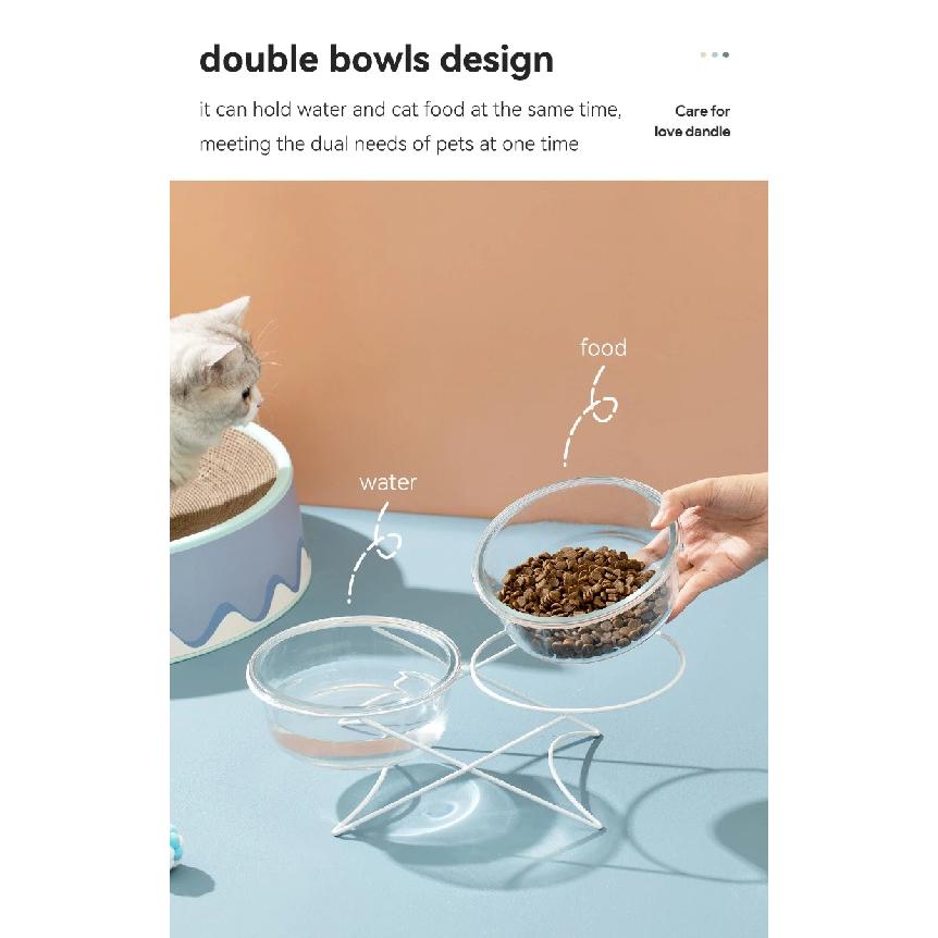 Cat Glass Food Water Bowl Elevated Small Dog Double Drinking Eating Bowls Pet Transparent Feeding Basin with Stand