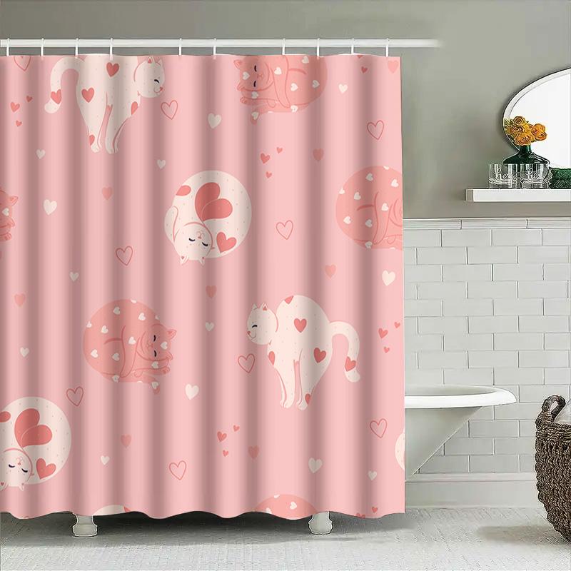 Soft Breathable Waterproof Bath Shower Curtain Decoration For Home Bathroom Decor Love Cats Pink
