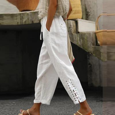 Women's Fashion Casual Cotton Hemp Thin Breathable Hollow Stitching String Color Pants