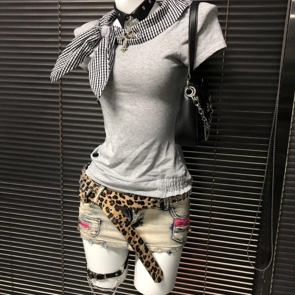 Plaid Pattern Irregular T Shirts Navy Collar Y2K Style T Shirts Sailor Collar Tops  For Women
