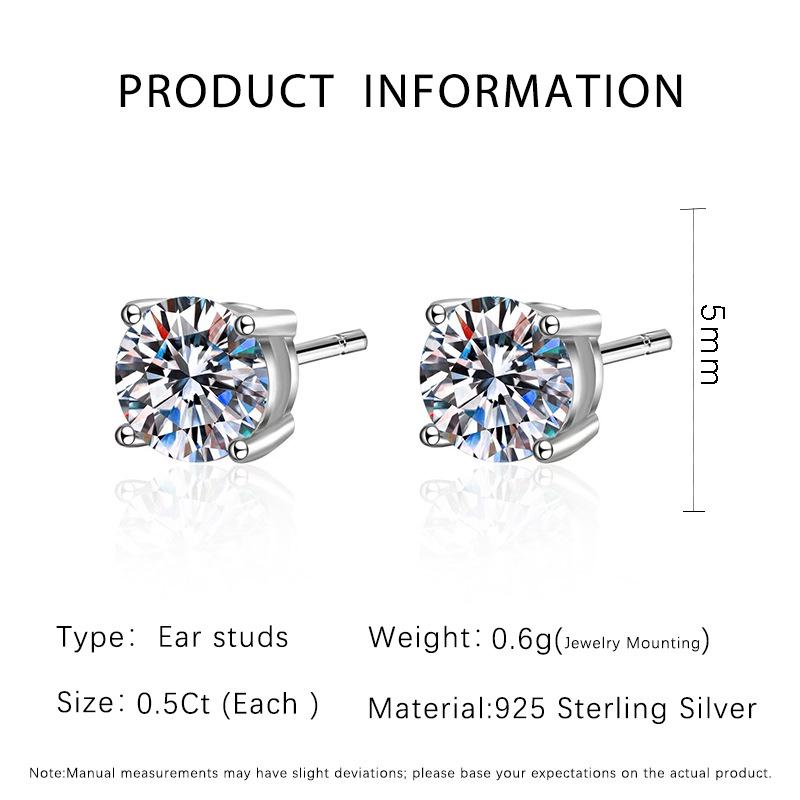 Classic Moissanite Four-Claw Stud Earrings: Women s S925 Sterling Silver, Gold-Plated 925 Silver