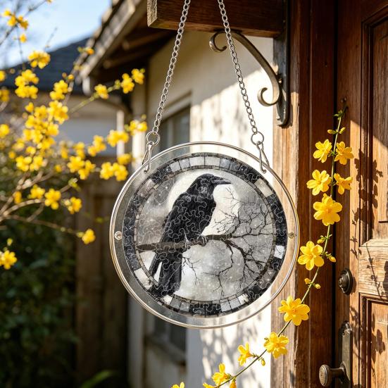 Yousheng Acrylic Puzzle Suncatcher, Halloween Black Cat Castle Raven DIY Sun Catcher Kit, Stained Glass Window Hanging Ornament for Home, Garden