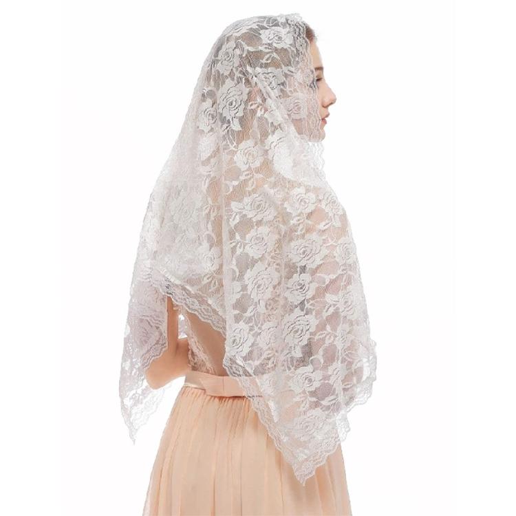 Woman Floral Veil Lace Trim Scarfs Veil Large Shawl Headwear Mantilla