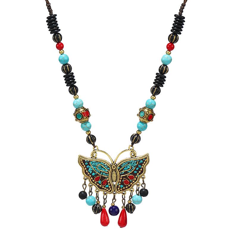 Original Design Nepalese Butterfly Necklace Vintage Clavicle Chain Exotic Style Tassel Frontier Tibetan Headdress