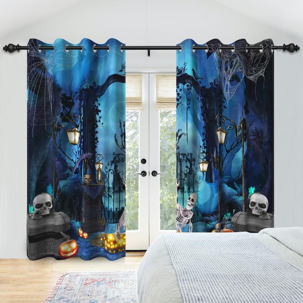 2pcs/set Horror Halloween Window Curtain Night Gate Skeleton Home Bedroom Living Room Decor Blackout Polyester Fabric Curtains
