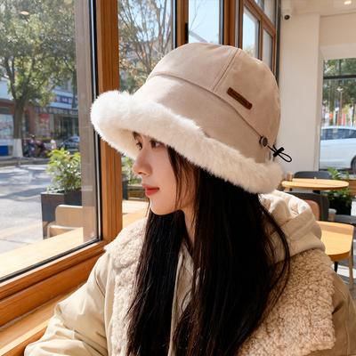 Plush Hat Women's Big Head Circumference Shows Small Face Thickened Plush Bucket Hat Plush Ear Protection Cold Protection Pullover Hat