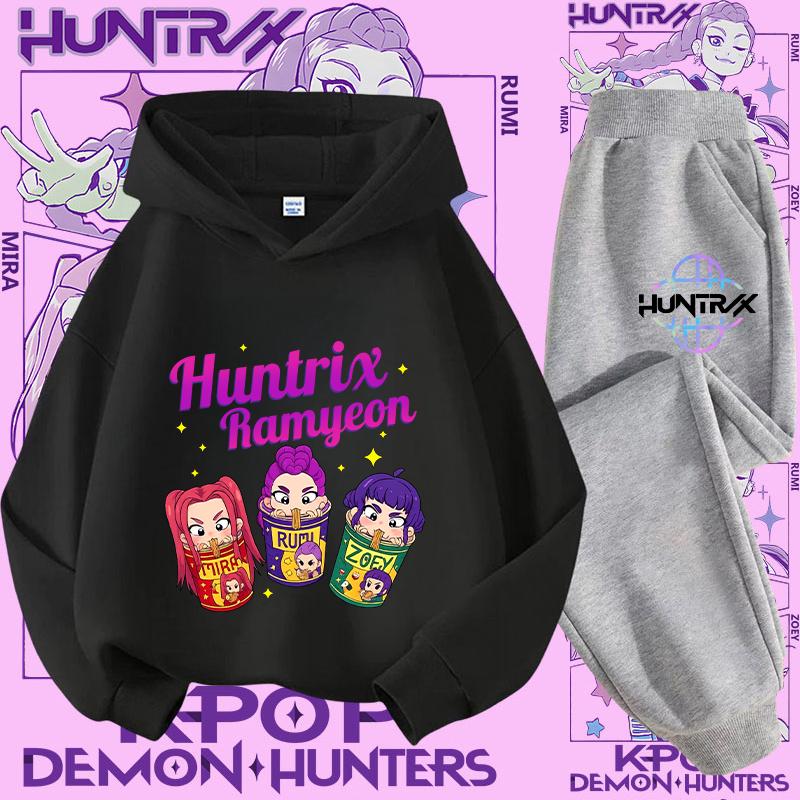 New K-pop Demon Hunter 3 - 12-year-old Girls' Sportswear 2-piece Cute Casual Top Children's Hooded Shirt Set with Cartoon Print