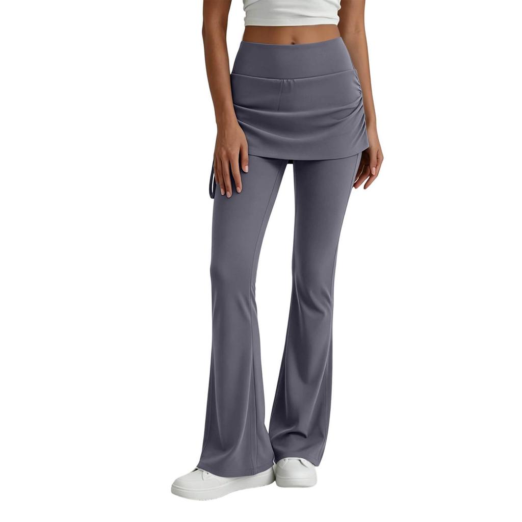 Damen High Waist Schlag-Yogahose mit Rock-Überlage Dehnbare Weitbeinige Hose für Freizeit-Fitnessaktivitäten
