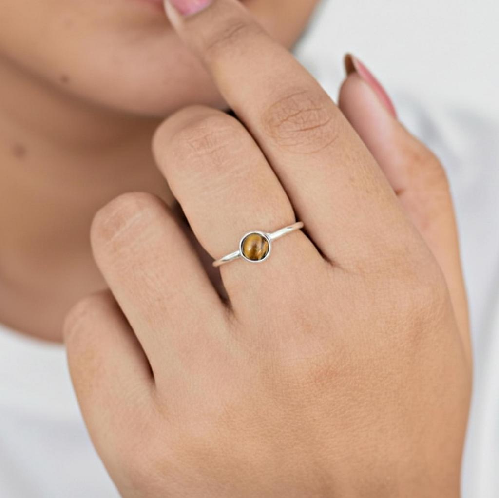 Tiger Eye Round Stacking Ring for Women, 925 Sterling Silver Jewelry, Handmade Minimalist Boho Statement Ring