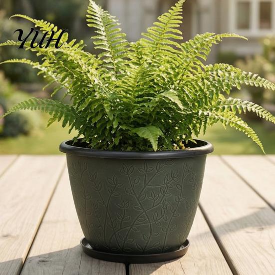 Large Plant Basin with Saucer 12 Inch Thickened Flower Pots for Outdoor Indoor, Plastic Leaf-Pattern Texture Weather Resistant Containers Planter