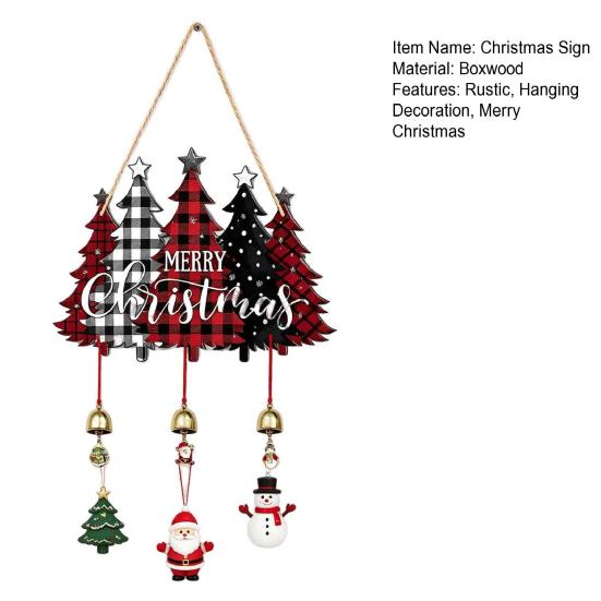Santa Claus Wall Ornament Merry Christmas Wooden Door Hanging Sign with Bells, Rustic Snowman Black Cat Xmas Window Hanger Tree Reindeer Decorative