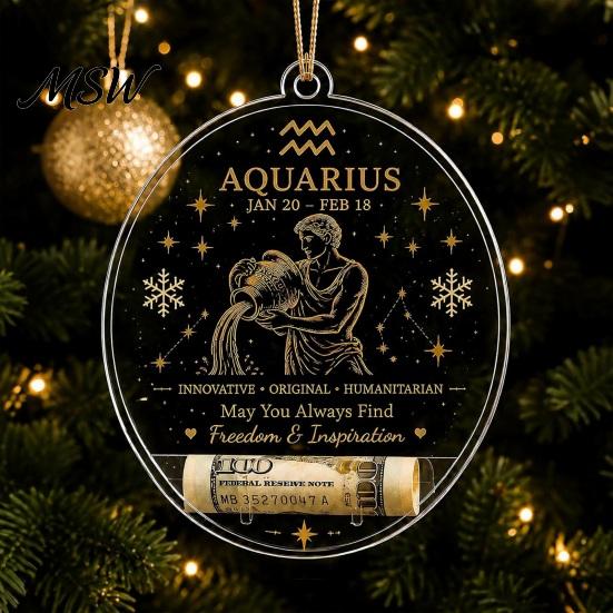 Hanging Decor for Showcase Christmas Tree Money Holder Pendant, Transparent Acrylic Round Ornament, 12 Holiday Gift Tags Zodiac Signs Theme Decorative
