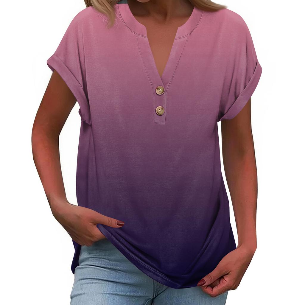 Women's Fashionable Casual Loose-Fit Short-Sleeved Button-Up V-Neck Printed T-Shirt Top