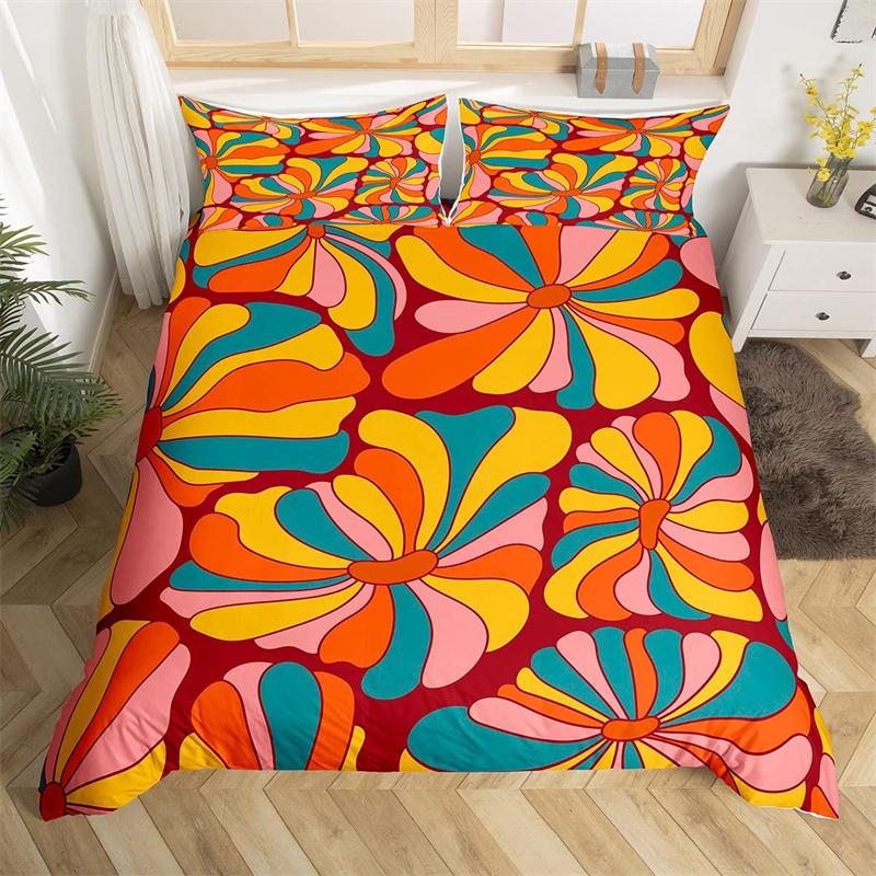Retro Hippie Flower Duvet Cover Rainbow Floral Bedding Set Polyester Cartoon Ghost Comforter Cover Set 60S 70S Groovy Bedclothes