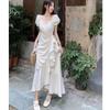 Vestido corto blanco de manga corta con cordones en V para mujer, nuevo de verano, estilo suave, con volantes en el borde de hoja, cintura y falda fina irregular