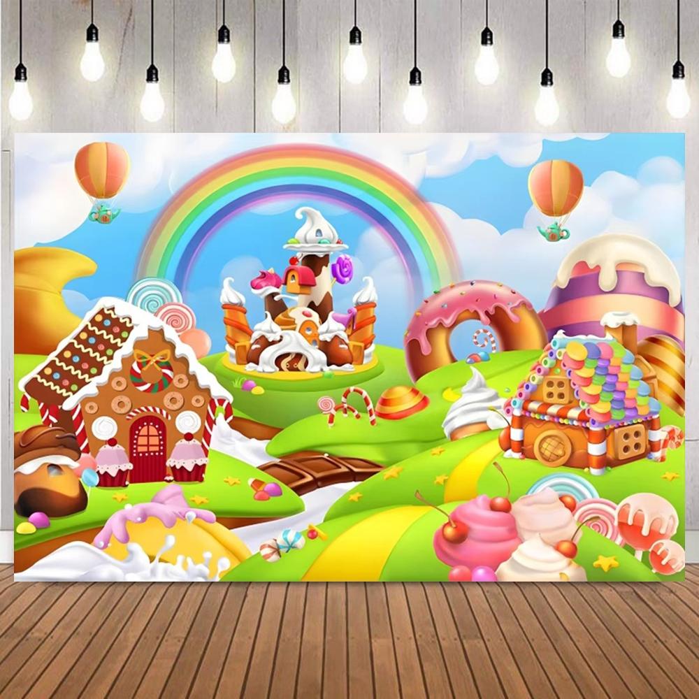 Sweet candy ground photo background, colorful lollipops, donuts, cake ice cream, children birthday party photography background