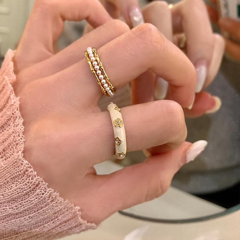 Aesthetic Enamel Highend Pearl Ring With Unique Geometric Design Women For