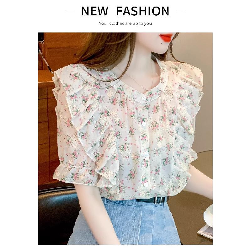 Ruffled floral chiffon blouse for women, summer 2026, sweet and elegant short-sleeved casual top