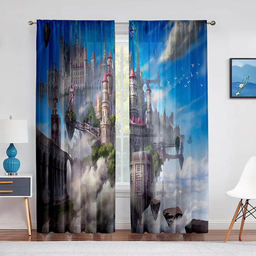 Fantasy Burg Stadt Neben Bergen Transparenter Voile Vorhang Wald Fluss Fenster Tüll Vorhänge für Wohnzimmer Schlafzimmer Moderne Dekoration