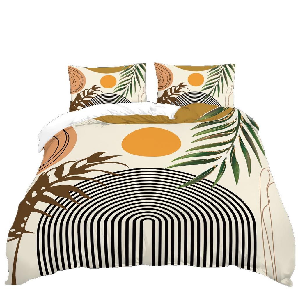 Explosive Bed Three-Piece Set Geometric Lines And Leaves Digital Printing Quilt Cover Home Textile 3-Piece Set
