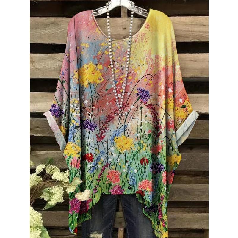 Printed Plus Size Short Sleeved Shirt with Plant Flower Pattern Printed T-shirt for Women, Plus Size T-shirt for Casual Plus Size Clothing 1XL