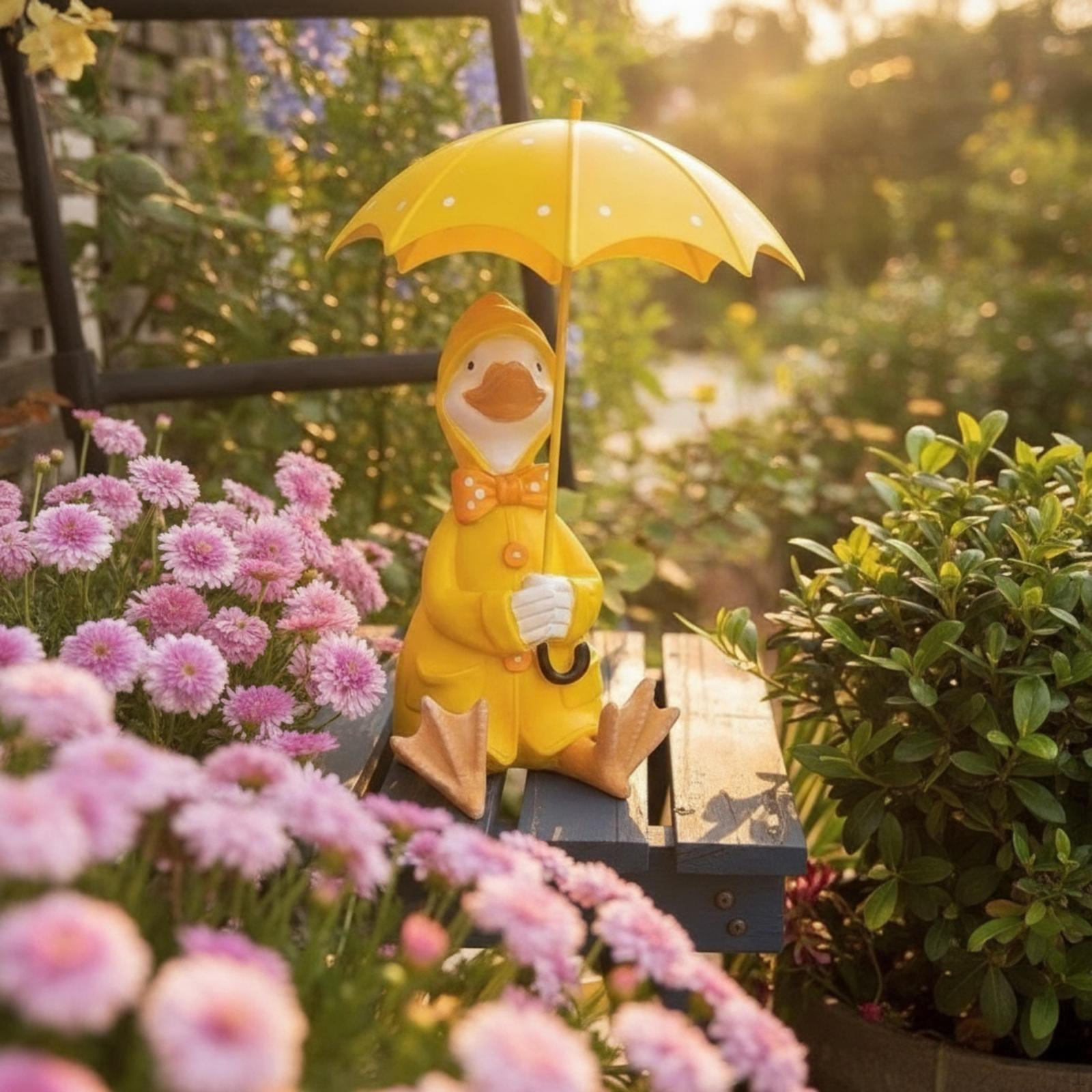 Duck Figurine with Umbrella Whimsical Ornament CartoonStyle Animal Statue