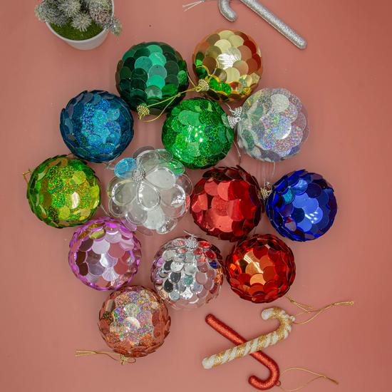 8cm runde Fischschuppen-Weihnachtsornamente: Gold, Grün, Rot, Rosa, Champagner Laserfarben