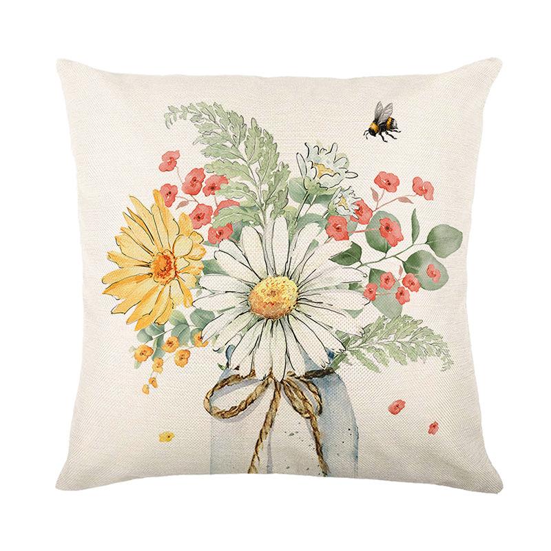 Spring Collection Linen Pillow Cover with Printed Floral Design and 'Home Sweet Home' Text