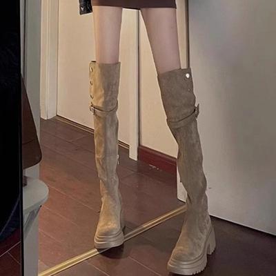 Dames Khaki Suède Over-de-Knie Laarzen - Blokhak, Dikke Zool, Veelzijdig, Western Stijl voor Lente & Herfst