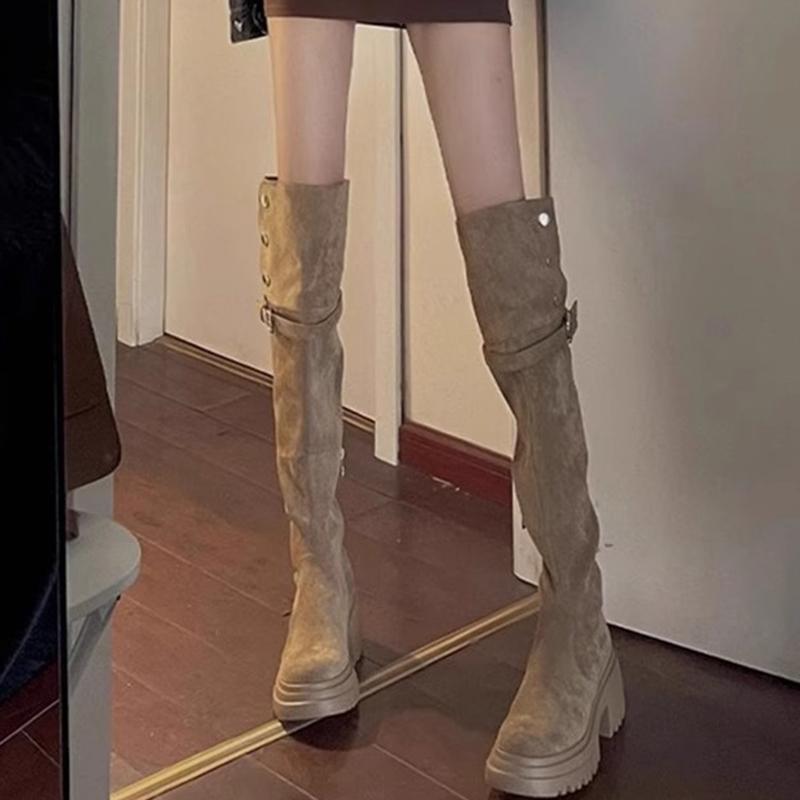 Women's Khaki Suede Over-the-Knee Boots - Chunky Heel, Thick Sole, Versatile, Western Style for Spring & Autumn