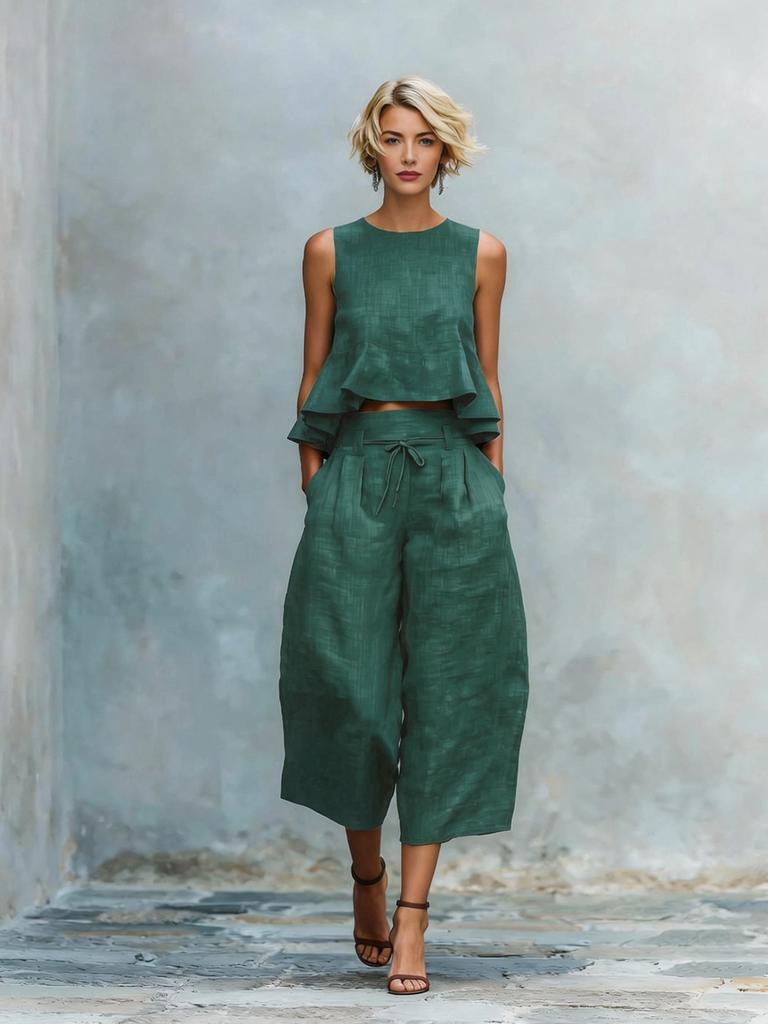 New Arrivals Summer Women's Linen Blend Two-Piece Set with Ruffles