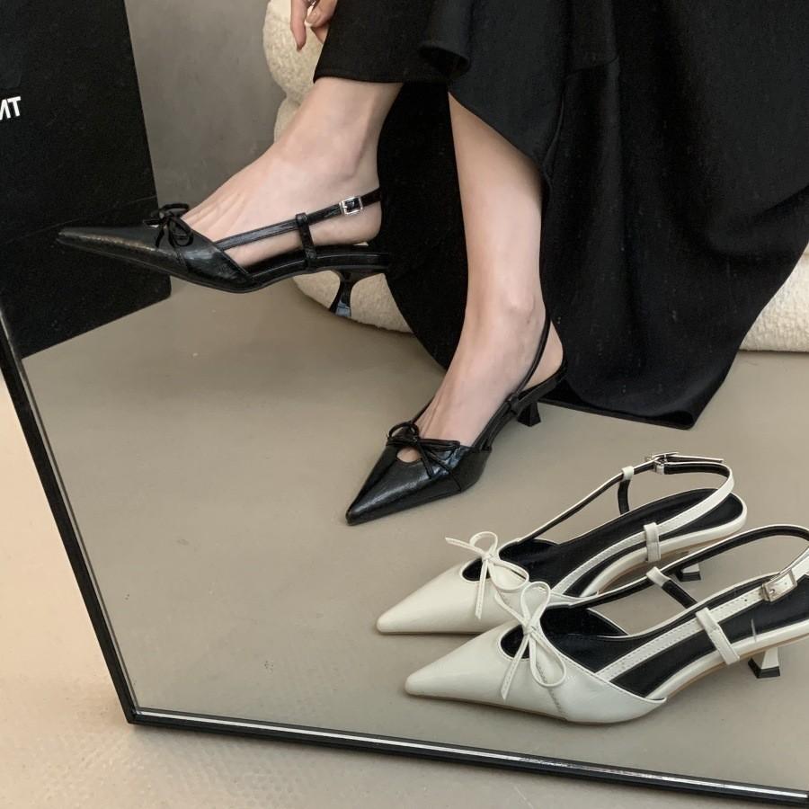 2025 spring new French small heel thin heel pointed bow bag head sandals with skirt hollow women's shoes