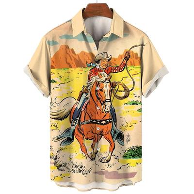 Western Denim Shirt For Men 3d Printed Oversized Hawaiian Casual Short Sleeved Lapel Men'S Clothing Streetwear Vintage Shirts