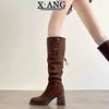 Leather But Knee High Boots Children's Long Boots Can Be Folded Twice, Pleated Pile Boots High Heel Thick Heel Knight Boots