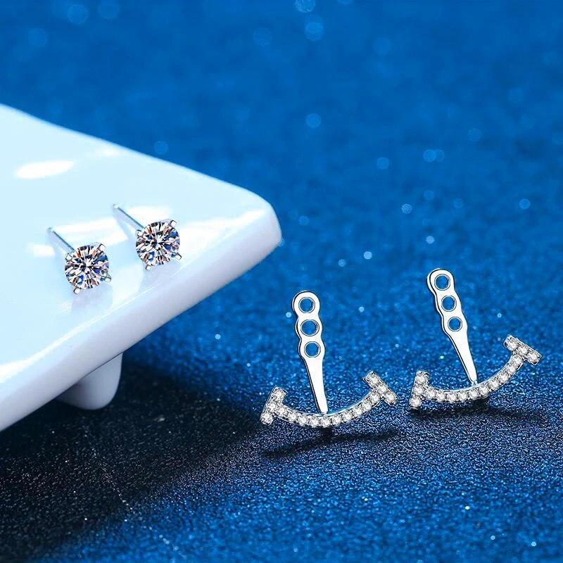 Certified Moissanite Diamond Smile Ear Cuff Jacket Stud Earrings for Woman Simple Front Back Stud Earrings 925 Silver Jewelry