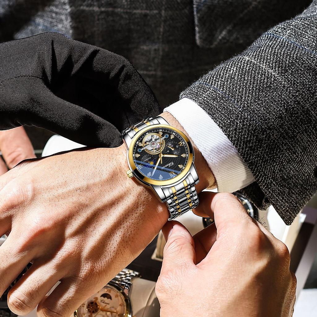 New TOP Brand Luxury Men's Watch With Box Men's Watch Hollow Flywheel Sun Moon Stars Waterproof Steel Band Automatic Men's Mechanical Watches