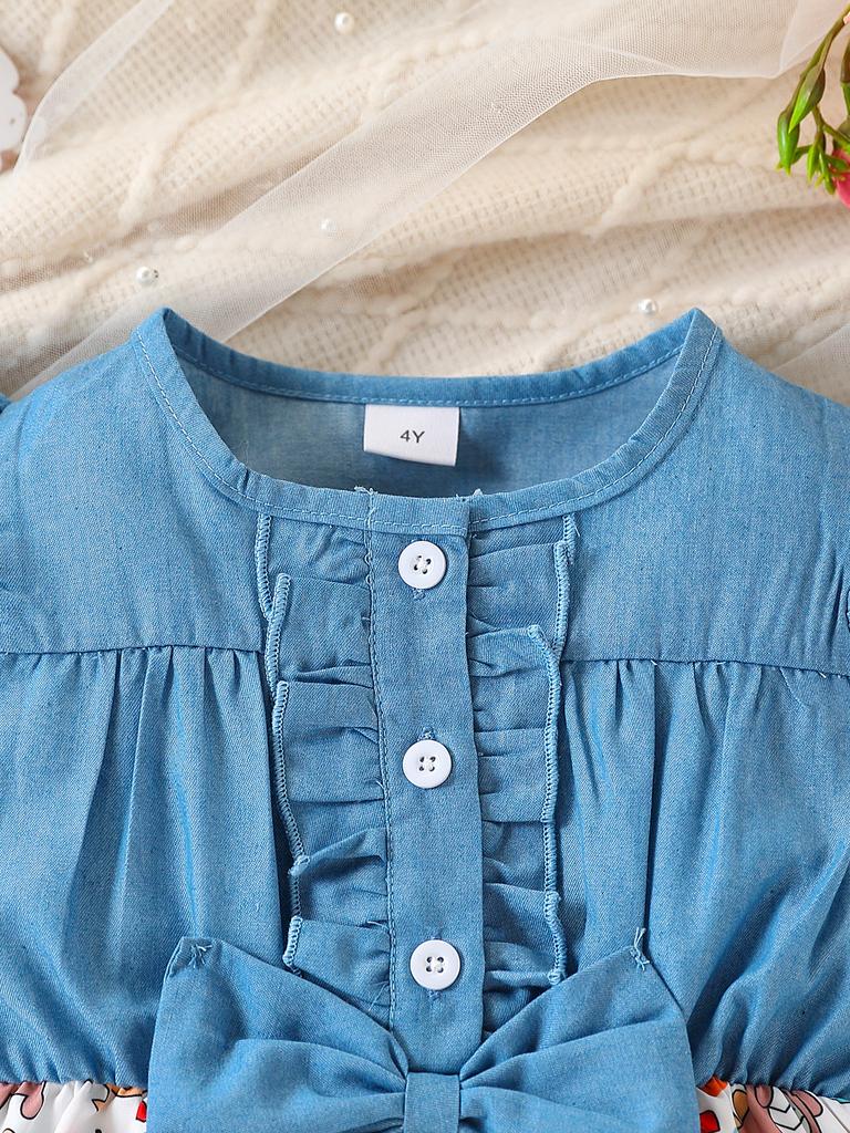 Girls Summer Denim Patchwork Dress Sleeveless Cartoon Bow Cute Outfit for 4-7 Years Old Baby