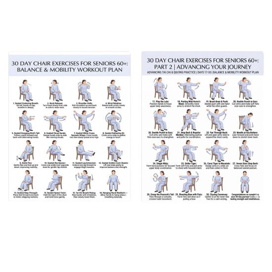 

2Pcs Chair Exercise for Seniors 30-Day Plan Poster Seated Tai Chi Workout Chart for Elderly Low Impact Mobility Fitness Sets
