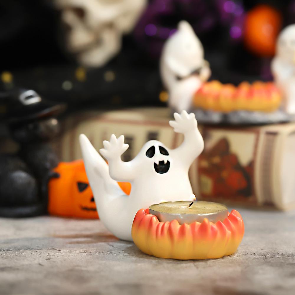 Black Cat & Pumpkin Halloween Candle Holder Resin Decor Set
