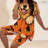 Women Plus Size Two Piece Set Crow Pumpkin Rose Print Round Neck Short Sleeve Split Top Knee Length Pants